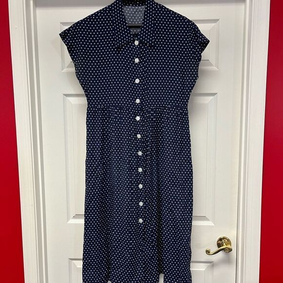Vintage Navy Polka Dot Cap Sleeve Button Down Dress sz L - Picture 1 of 4